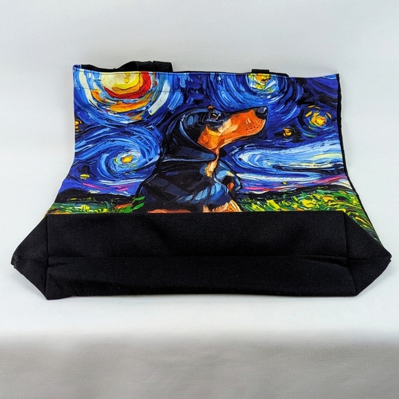 Tote Bag Black Tan Dachshund Night By Aja Trier Poly Poplin Multicolor Print NWT - Picture 7 of 9